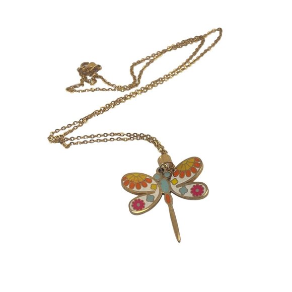 Dragonfly Pendant Necklace With Vibrant Floral Design & Gold Chain - Picture 2 of 4